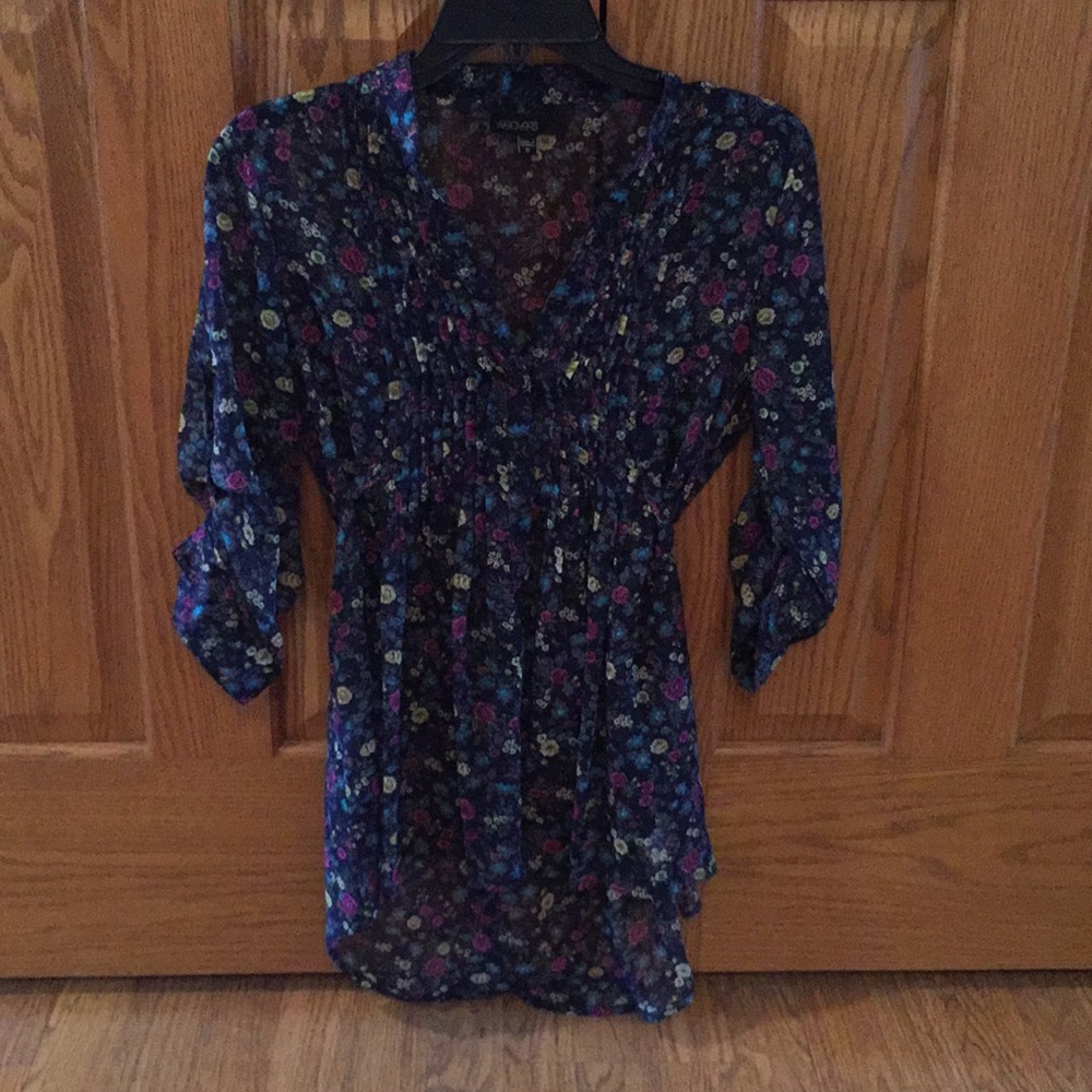 Navy floral flowy blouse with tie in back